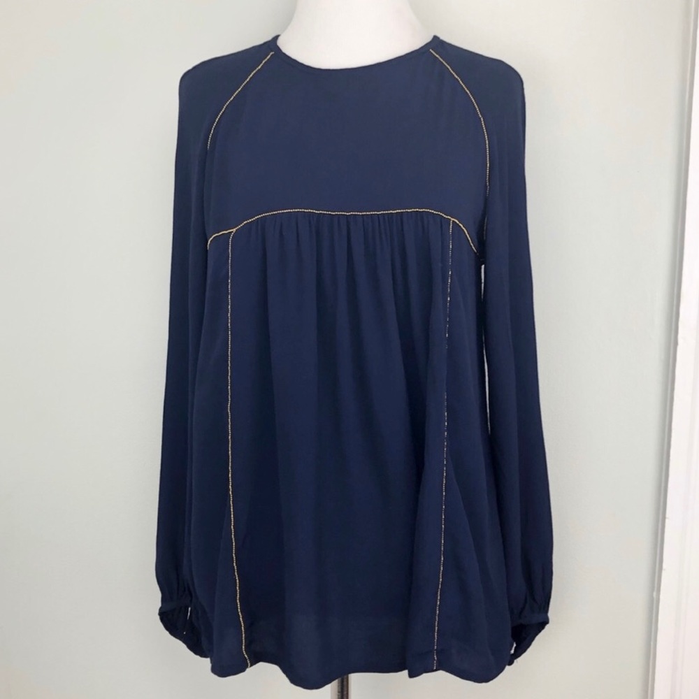 Zara Navy Bead Trim Long Sleeve Peasant Blouse